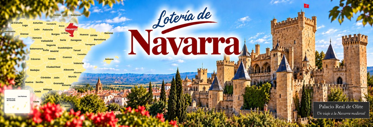 Mapa de Espa&ntilde;a con la provincia de Navarra se&ntilde;alada en rojo y el Palacio Real de Olite al fondo