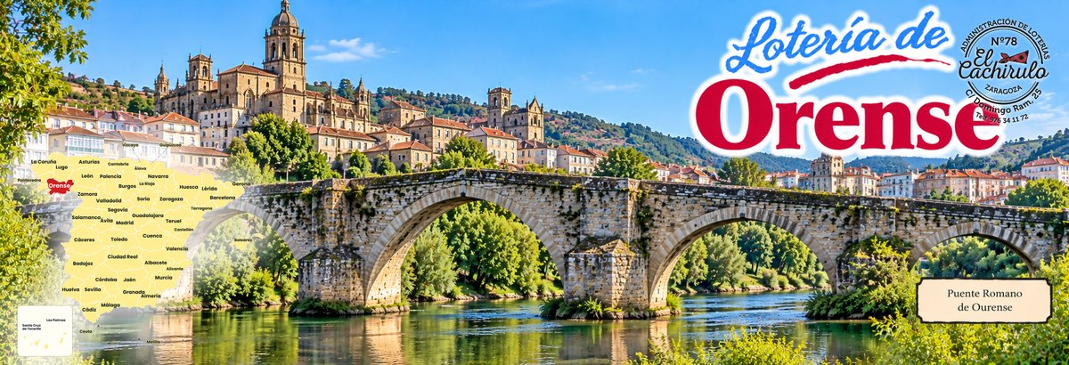 Mapa de Espa&ntilde;a con la provincia de Orense se&ntilde;alada y el puente romano sobre el Mi&ntilde;o, con la catedral de Orense al fondo