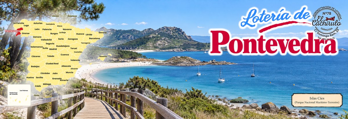Mapa de Espa&ntilde;a con la provincia de Pontevedra se&ntilde;alada y la playa de Rodas, en las islas C&iacute;es