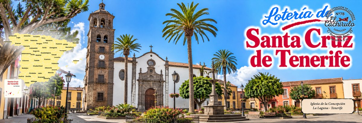 Mapa de Espa&ntilde;a con la provincia de Santa Cruz de Tenerife se&ntilde;alada y la iglesia de la Concepci&oacute;n de La Laguna