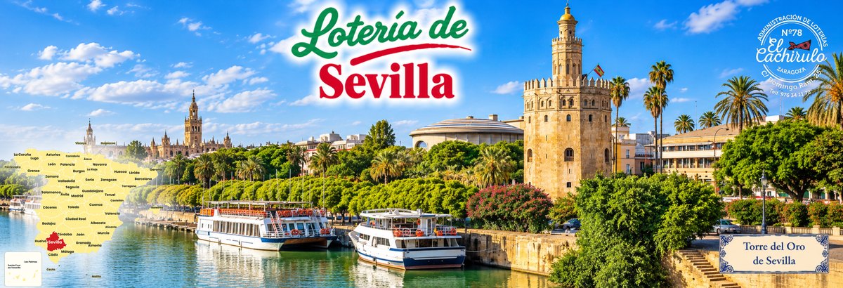 Mapa de Espa&ntilde;a con la provincia de Sevilla se&ntilde;alada, la Torre del Oro junto al Guadalquivir y la Giralda al fondo