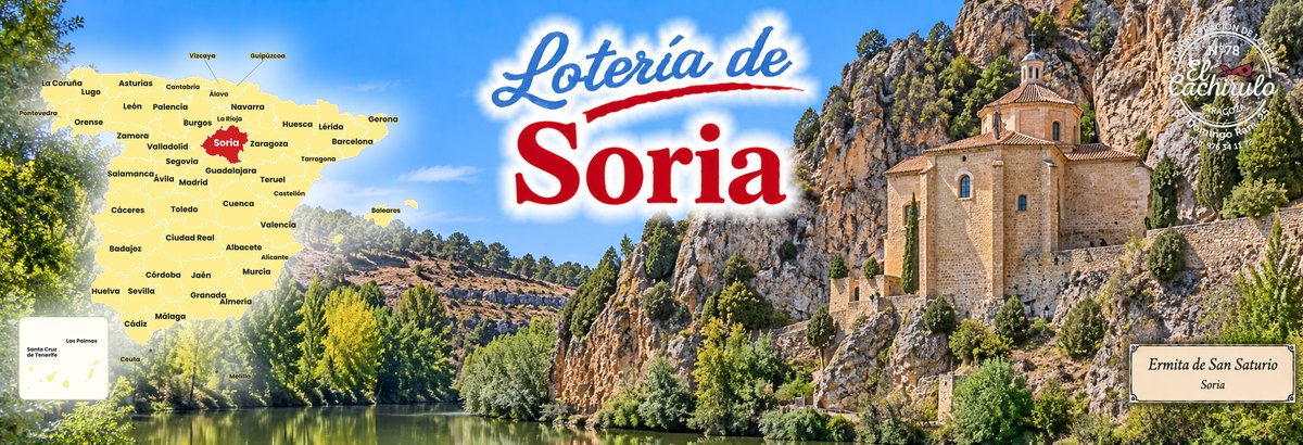 Mapa de Espa&ntilde;a con la provincia de Soria se&ntilde;alada y la ermita de San Saturio sobre el r&iacute;o Duero