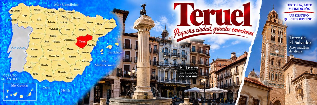 Mapa de Espa&ntilde;a con la provincia de Teruel se&ntilde;alada y el Torico sobre su columna en la plaza del Torico
