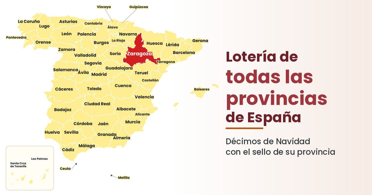 Mapa de Espa&ntilde;a con sus 52 provincias y Zaragoza, casa de Loter&iacute;a El Cachirulo, se&ntilde;alada en rojo