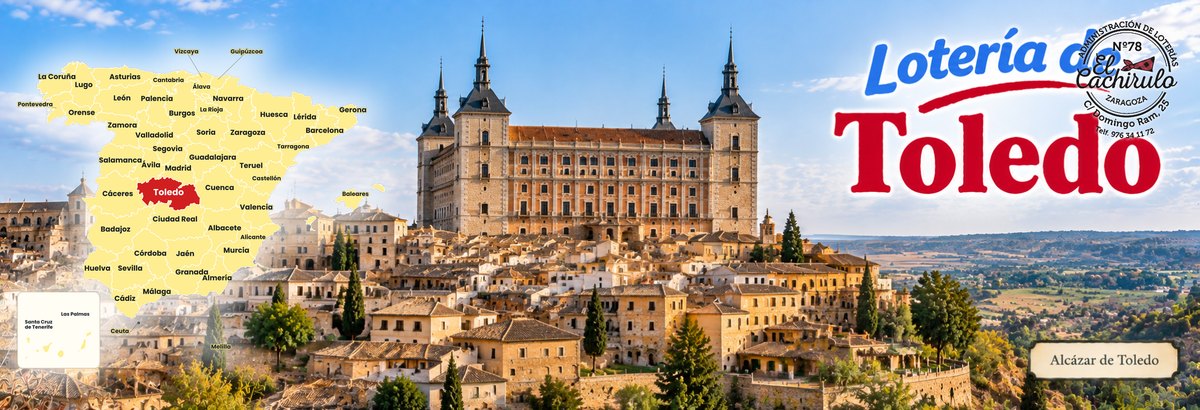 Mapa de Espa&ntilde;a con la provincia de Toledo se&ntilde;alada y el Alc&aacute;zar de Toledo sobre el casco hist&oacute;rico