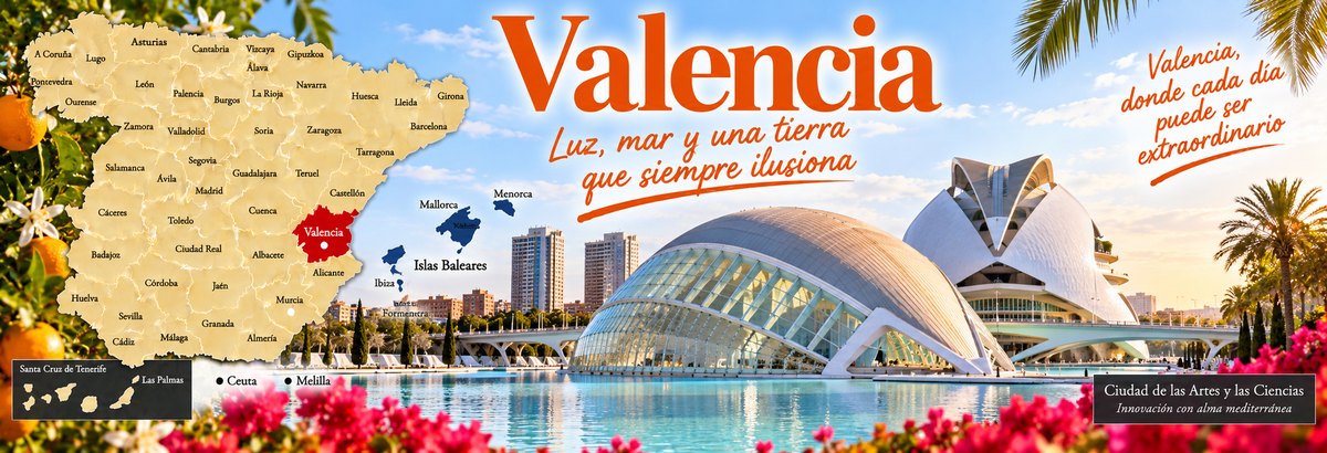 Mapa de Espa&ntilde;a con la provincia de Valencia se&ntilde;alada y la Ciudad de las Artes y las Ciencias reflejada en el agua, entre palmeras y naranjos