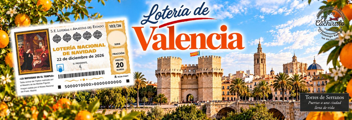 Un d&eacute;cimo de la Loter&iacute;a de Navidad junto a las Torres de Serranos de Valencia, con el sello de la Administraci&oacute;n de Loter&iacute;as n&ordm; 78 El Cachirulo