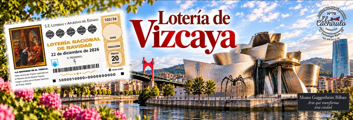 Un d&eacute;cimo de la Loter&iacute;a de Navidad ante el Museo Guggenheim de Bilbao, a orillas de la r&iacute;a, con el sello de la Administraci&oacute;n de Loter&iacute;as n&ordm; 78 El Cachirulo