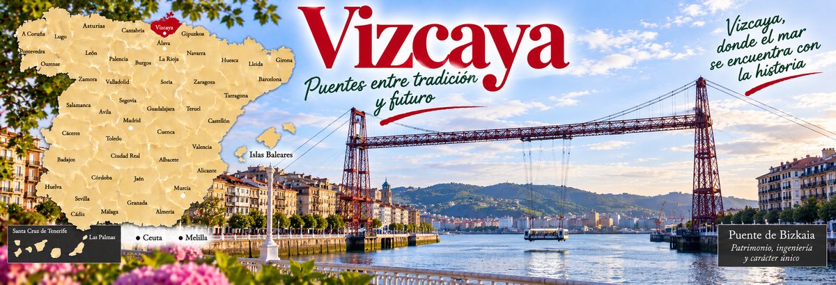 Mapa de Espa&ntilde;a con la provincia de Vizcaya se&ntilde;alada y el puente colgante de Vizcaya sobre la r&iacute;a, con la barquilla en marcha