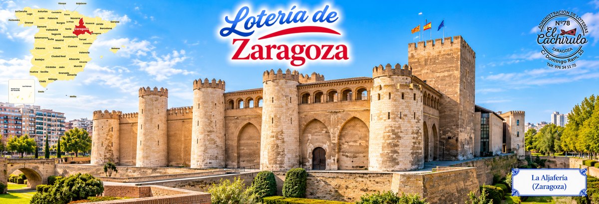 Mapa de Espa&ntilde;a con la provincia de Zaragoza se&ntilde;alada y el palacio de la Aljafer&iacute;a de Zaragoza