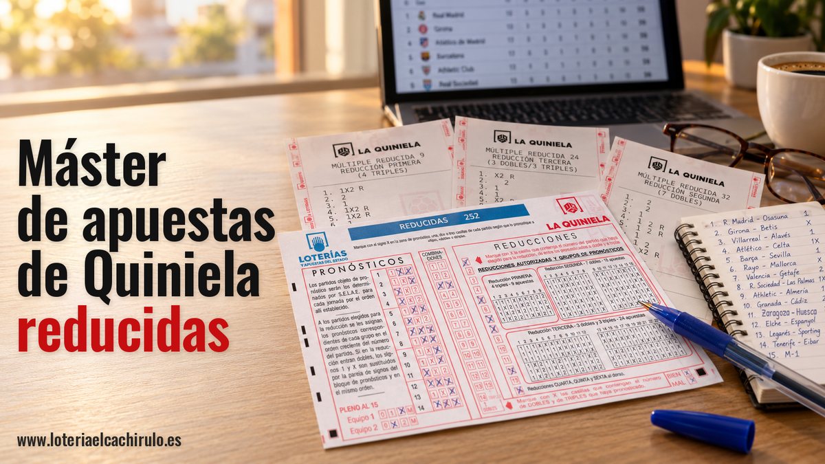 Boleto de reducidas de La Quiniela marcado con la reducci&oacute;n tercera, de 3 dobles y 3 triples, junto a sus resguardos, una libreta con la jornada y un port&aacute;til con la clasificaci&oacute;n
