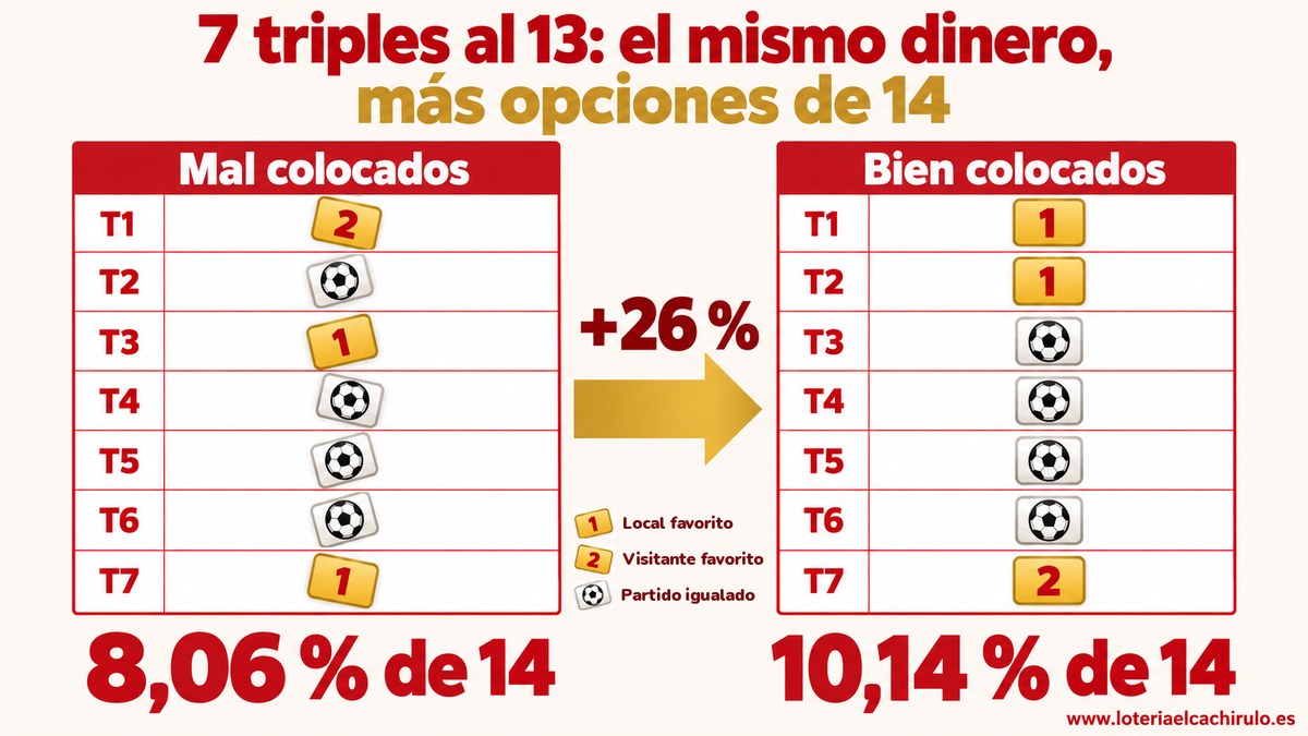Reducida de 7 triples al 13 en la misma jornada: con los partidos mal colocados, un 8,06 % de opciones de 14; con los dos locales favoritos en T1 y T2 y el visitante favorito en T7, un 10,14 %, un 26 % m&aacute;s