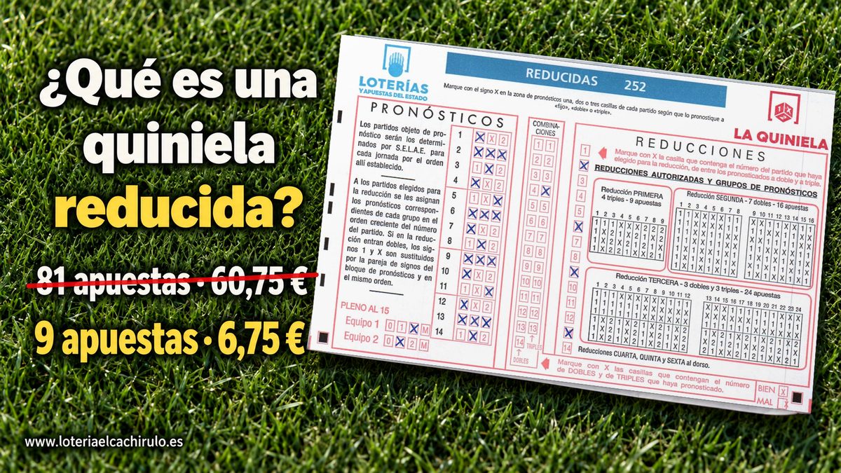 Qu&eacute; es una quiniela reducida: el boleto oficial de reducidas de La Quiniela marcado con cuatro triples y diez fijos sobre el c&eacute;sped; cuatro triples en 9 apuestas por 6,75 euros en vez de 81 apuestas por 60,75 euros