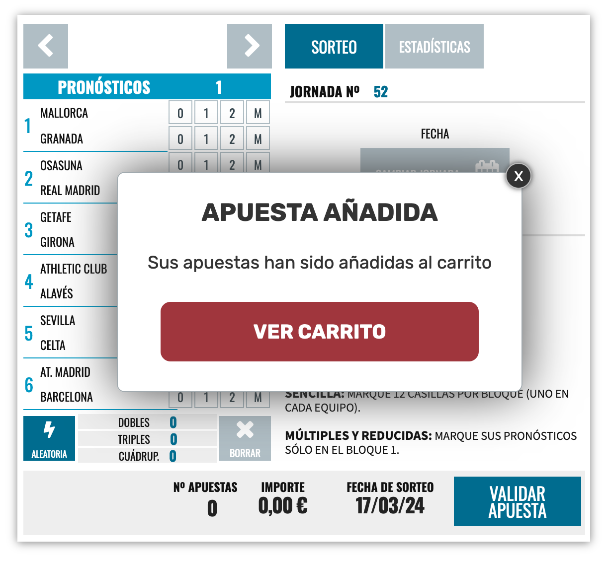 Apuesta de Quinigol añadida al carrito en la web de Lotería El Cachirulo