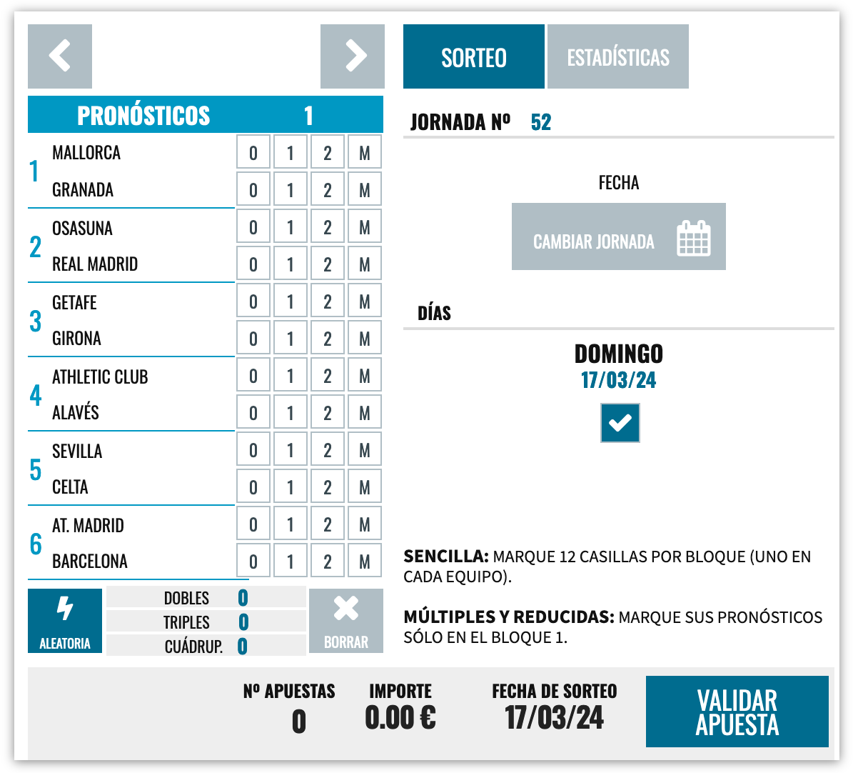 El boleto del Quinigol en la web de Loter&iacute;a El Cachirulo: seis partidos y las casillas 0, 1, 2 y M de cada equipo