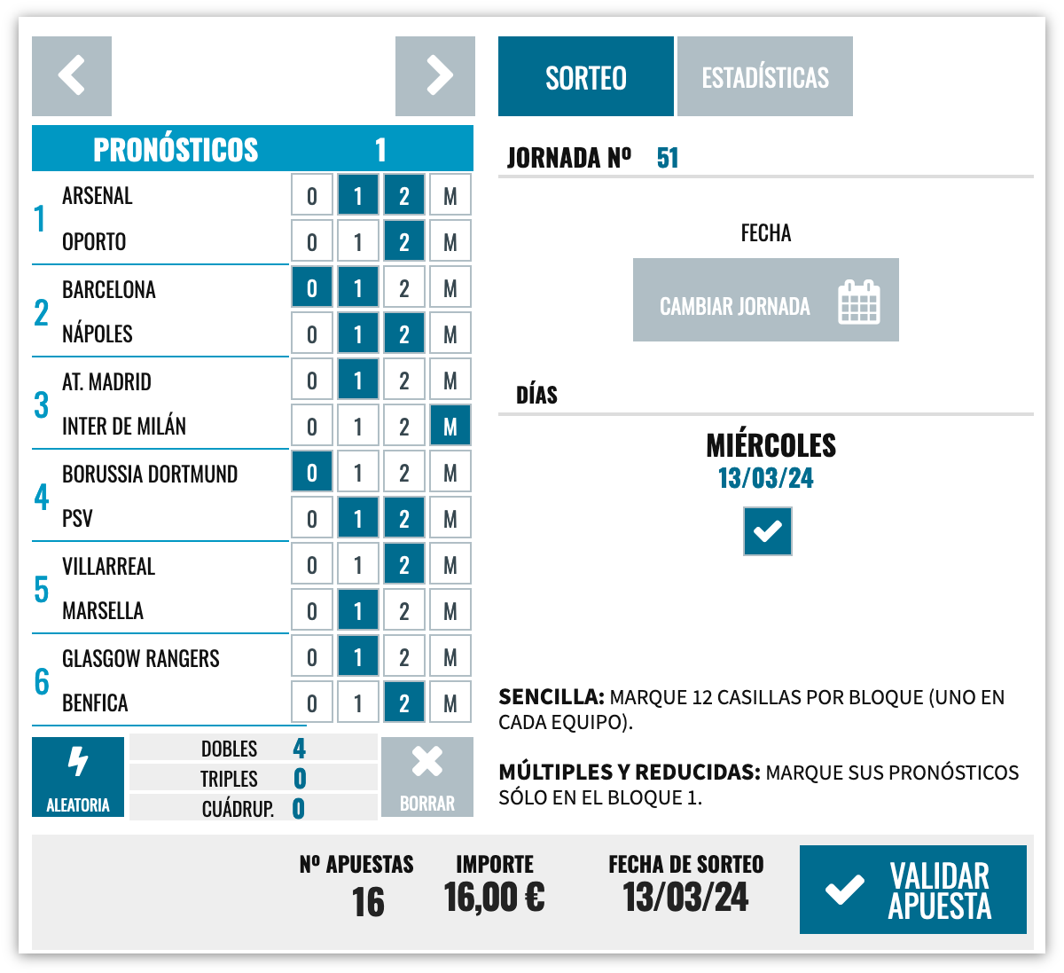 Boleto del Quinigol con una apuesta múltiple de 16 apuestas en la web de Lotería El Cachirulo