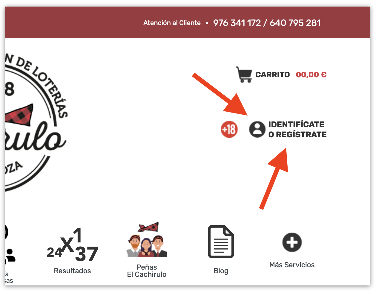 D&oacute;nde est&aacute; el bot&oacute;n Identif&iacute;cate o reg&iacute;strate en la web de Loter&iacute;a El Cachirulo